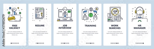 Job search, hiring, free vacancy, resume, job interview. Mobile app screens, vector website banner template