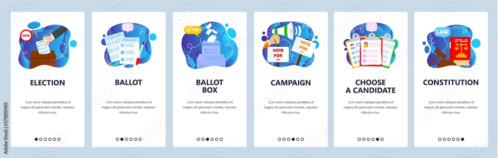 Election campaign, constitution voting right, choose candidate. Mobile app screens, vector website banner template.