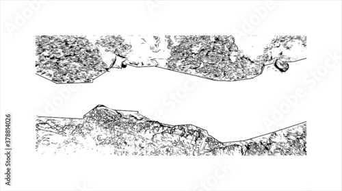 Building view with landmark of Banjaluka is the second largest city in Bosnia. Hand drawn sketch illustration in vector.
