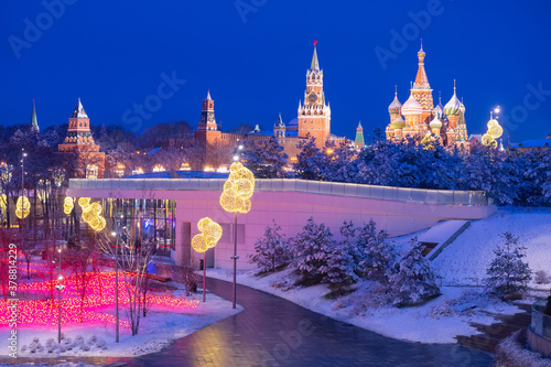 New Year Moscow. Christmas decorations in the center of the Russian capital. Moscow Kremlin on Christmas evening. Moscow is decorated for Christmas. New year in Russian cities. Russian Winter holidays #378814229