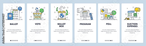 Election. Political party candidate program, poll results, expenses. Mobile app screens, vector website banner template.