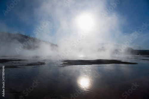 Steam emerging from a hot spring, Grand Prismatic Spring, Yellowstone National Park, Wyoming, USA