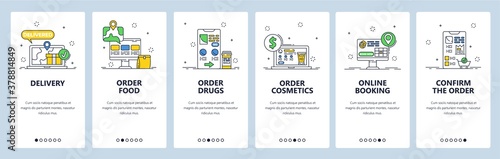 Order takeaway food, drugs, cosmetics and delivery service online. Mobile app screens, vector website banner template.