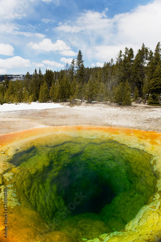 High angle view of a thermal pool, Morning Glory pool, Upper Geyser Basin, Yellowstone National Park, Wyoming, USA