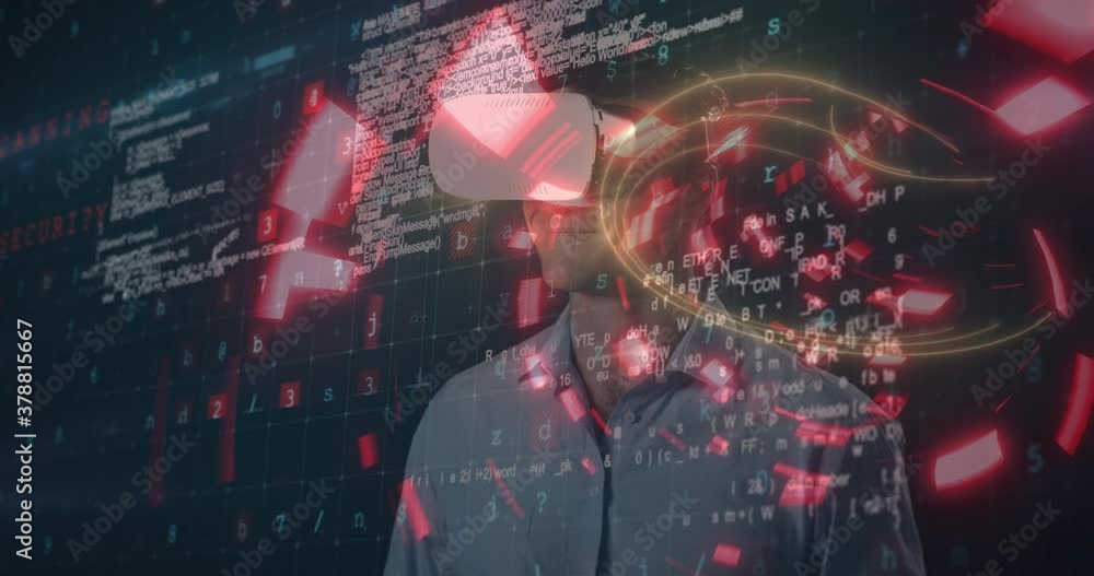 Man using VR headset over glowing tunnel against data processing Man using VR headset over glowing tunnel against data processing