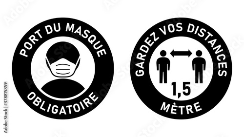 Set of Circular Sticker Signs against Coronavirus in French 