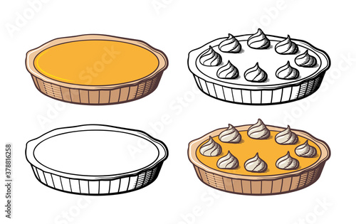 Sweet tasty pumpkin pie decorated with cream. Retro-style vector illustration. Colored and outline