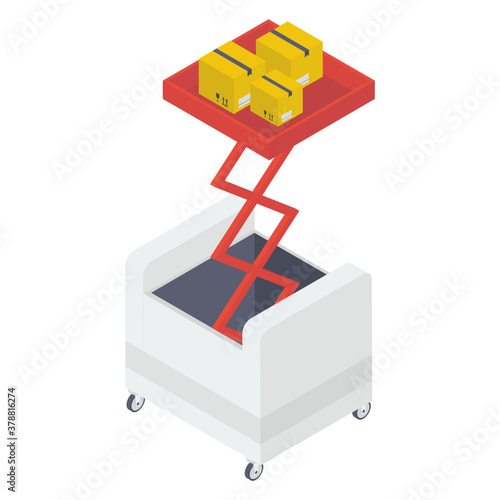 
Parcels on lifter jack, parcel lifting icon isometric vector.
