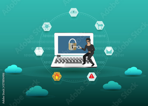Hacker try to unlock the key on computer with clouds and hacking icons. Idea for digital online cyber crime with , hacking, phishing, scam, malware , trojan and financial security concept.