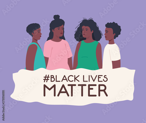 black lives matter, group people African in purple background, stop racism vector illustration design