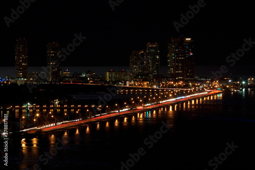 High angle view of a city lit up at night, South Beach, Miami Beach, Florida, USA