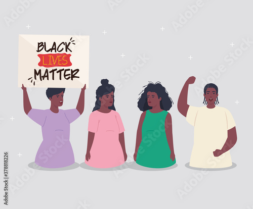 black lives matter, group people African with banner, stop racism vector illustration design