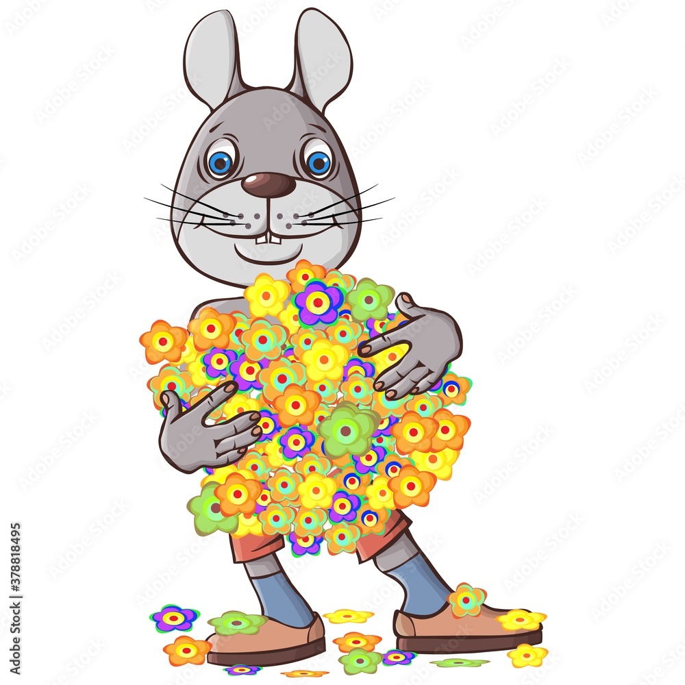 Cute rabbit goes on a date with a bouquet of flowers. Little cute rabbit is standing and smiling. Small animals evoke emotions and joy. Vector hand drawn illustration Cute rabbit goes on a date with a bouquet of flowers. Little cute rabbit is standing and smiling. Small animals evoke emotions and joy. Vector hand drawn illustration