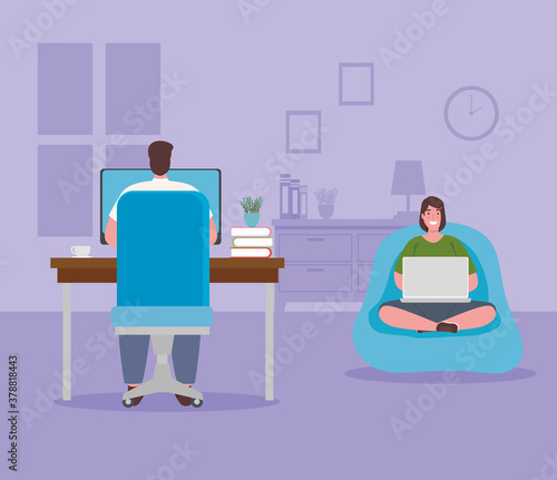 telework, young couple working from home vector illustration design