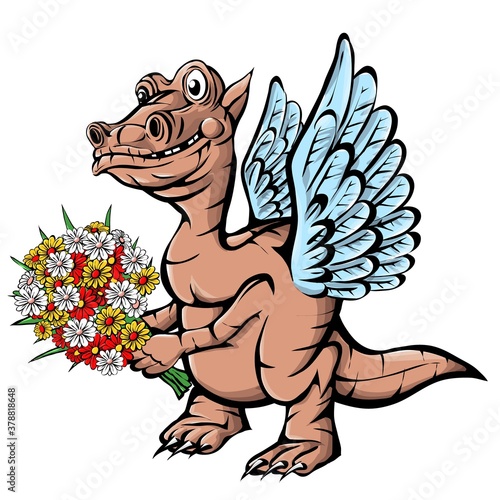 Cheerful, cute, winged dinosaur on a white background. Prehistoric reptile. Jurassic period. Vector illustration