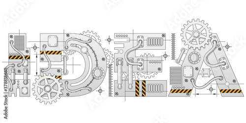 Industrial lettering. Technical drawing. Isolated on white background. Vector illustration.