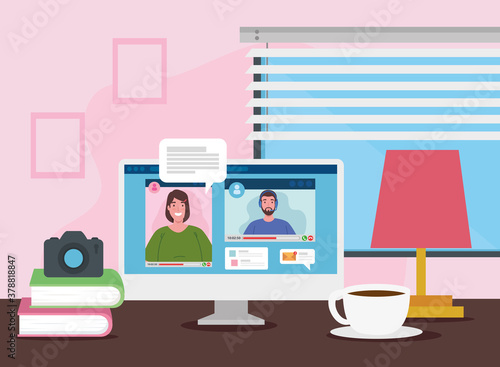 scene of telework indoor home, couple in video conference in computer vector illustration design