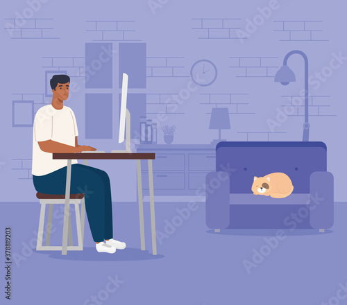 telework, man afro working from home vector illustration design