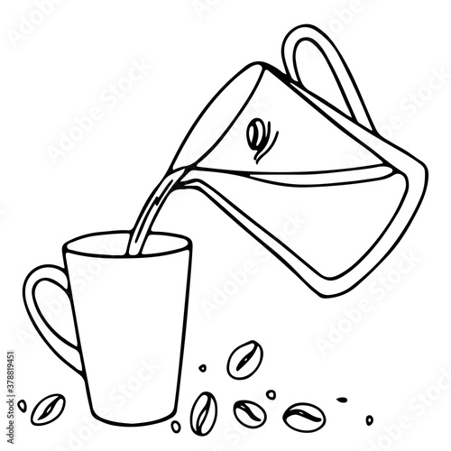 The process of pouring cold coffee from a decanter into a cup.  Scattered coffee beans next to the glass.  Vector illustration in doodle outline style.