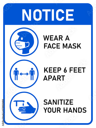 Vertical Instruction Signboard with Basic Set of Measures against the Spread of Coronavirus Covid-19, including Wear a Face Mask, Keep 6 Feet Apart and Sanitize Your Hands. Vector Image.