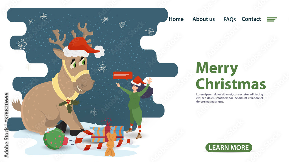 banner for Christmas and new year design of web pages mobile applications assistant elf looks at a deer in a Santa hat flat vector illustration banner for Christmas and new year design of web pages mobile applications assistant elf looks at a deer in a Santa hat flat vector illustration
