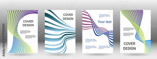 Set of abstract covers. Cover design, background. Shades of blue, green, wavy parallel gradient lines. Trendy banner, poster. EPS vector