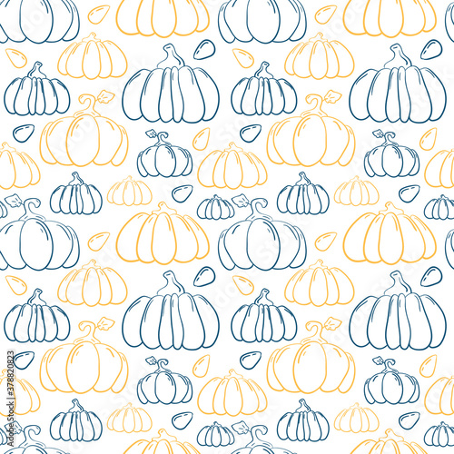 Handdrawn pumpkin vector seamless pattern. Blue and orange squash on white background. Regular clear print with pumpkin for home textile and kitchen decor. Thanksgiving wrapping paper. Autumn season