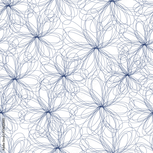 Seamless vector illustration with abstract flowers. Silhouette with dark blue flowers on a white background. Textile  print pattern. 