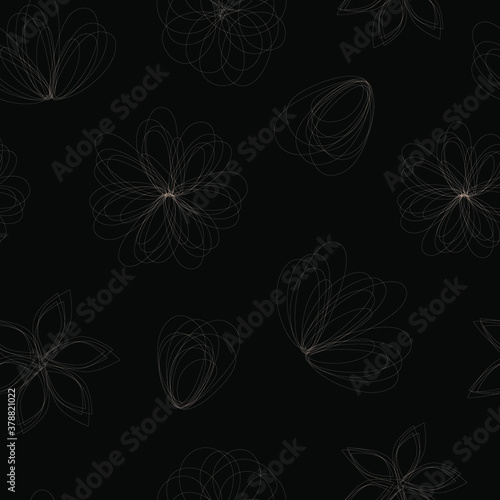 Seamless vector illustration with abstract flowers. Silhouette with light pink flowers on a black background. Textile, print pattern.