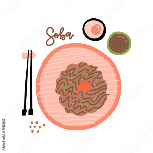 Japanese food soba noodles with shrimp and chopsticks illustration in flat style. Top view