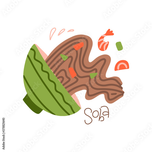 Spilled soba noodle soup, japanese dish with noodles, shrimps and vegetables. Asian cuisine, Buckwheat noodle bowl, cute cartoon vector illustration.