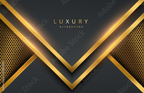 Realistic 3d background with shiny gold geometric shape. Vector golden geometry shape on black surface Graphic design element. Luxurious Elegant template