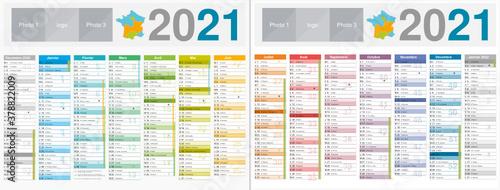 Calendrier 2021 14 mois avec vacances scolaires officielles au format 320 x 420 mm recto verso entièrement modifiable via calques et texte arial	