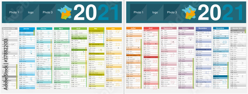 Calendrier 2021 14 mois avec vacances scolaires officielles au format 320 x 420 mm recto verso entièrement modifiable via calques et texte arial	