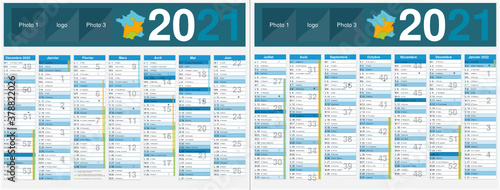 Calendrier 2021 14 mois avec vacances scolaires officielles au format 320 x 420 mm recto verso entièrement modifiable via calques et texte arial