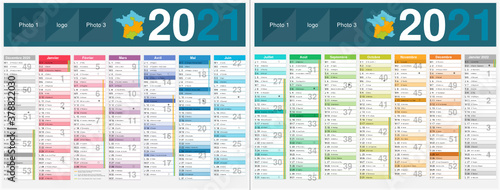 Calendrier 2021 14 mois avec vacances scolaires officielles au format 320 x 420 mm recto verso entièrement modifiable via calques et texte arial	