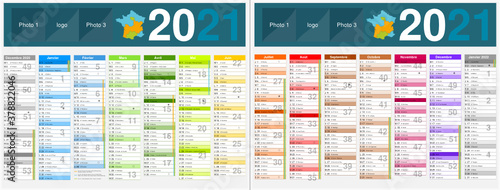 Calendrier 2021 14 mois avec vacances scolaires officielles au format 320 x 420 mm recto verso entièrement modifiable via calques et texte arial
