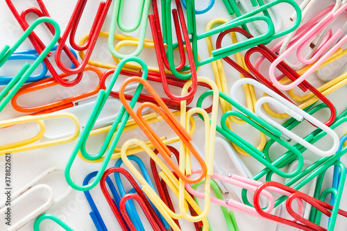 Closeup of colorful paper clips.