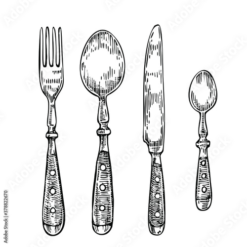 Cutlery etching vector drawing. Vintage Fork, knife, table spoon, tea spoon kitchen silverware. Hand drawn line art sketch, black and white retro illustration isolated on white background. 