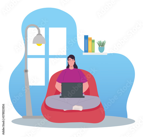 telework, woman using laptop, working from home vector illustration design