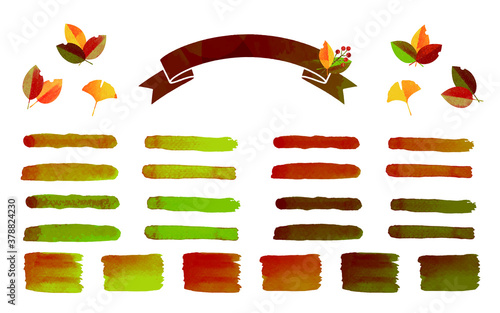 秋_バイカラーの紅葉した葉っぱと木の実の水彩＆切り絵風イラスト素材_セット