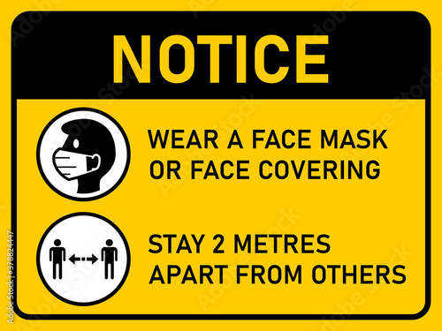 Horizontal Instruction Signboard with Basic Set of Measures against Coronavirus Covid-19, including Notice Wear a Face Mask or Face Covering and Stay 2 Metres Apart from Others. Vector Image.