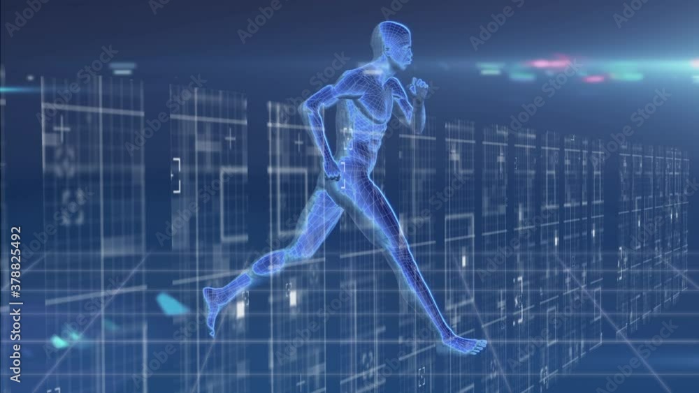 3D human body running model against blue background 3D human body running model against blue background