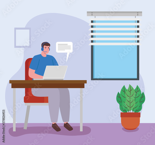 telework, agent male call center, working from home vector illustration design
