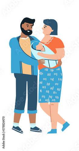 Happy father, mother and their child. Vector illustration cartoon characters, proud couple with born baby