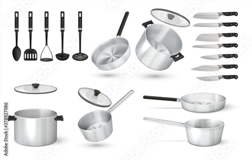 Realistic utensil. 3D steel cooking pots, metal frying pan and aluminum saucepan, knives and cooking tools. Vector isolated set image professional kitchenware