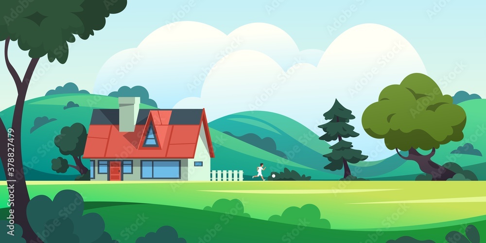 Naklejka premium Forest house. Countryside cartoon landscape with rural building among trees and summer nature scene. Vector illustration farmland with home and running kid