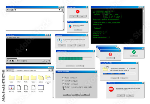 Computer window. Retro browser interface with popup error and warning windows, classic old software UI. Vector illustration website and loading windows set