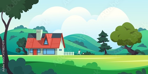 Forest house. Countryside cartoon landscape with rural building among trees and summer nature scene. Vector illustration farmland with home and running kid