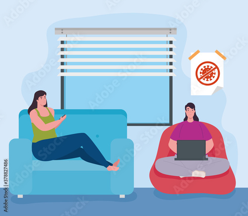 telework, women in the living room, working from home vector illustration design